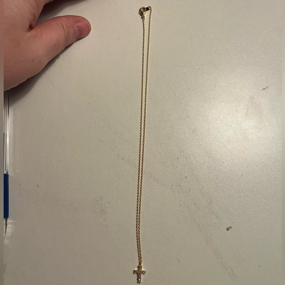 SWEET PEEPS 18K Gold Dipped CZ Cross Necklace Gold Dainty Minimalist 16” Chain - Picture 7 of 7